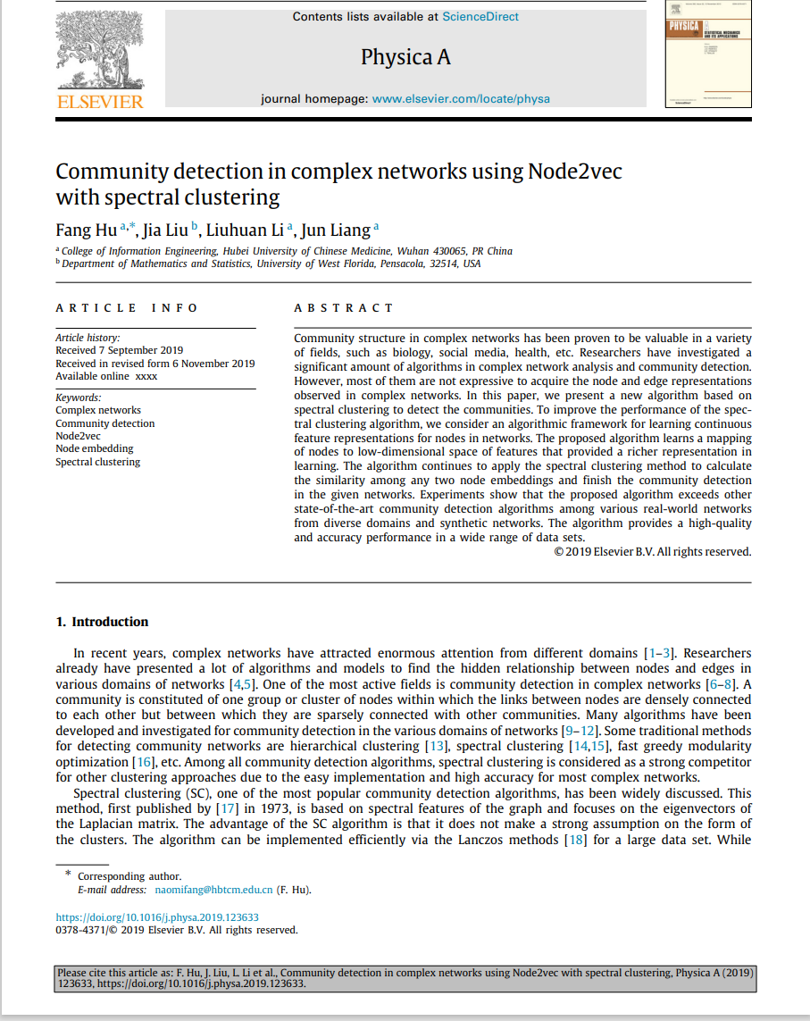 Community detection in complex networks using Node2vec with spectral clustering(SCI)